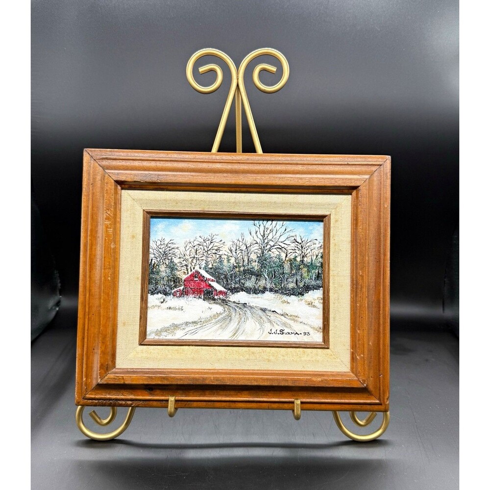 J.J. Surma 1993 Winter Landscape Red Barn Oil Painting